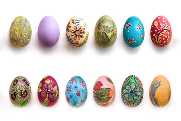 colourful hand painted decorated easter eggs on white background cutout file. Pattern and floral set. Many different design. Mockup template for artwork design