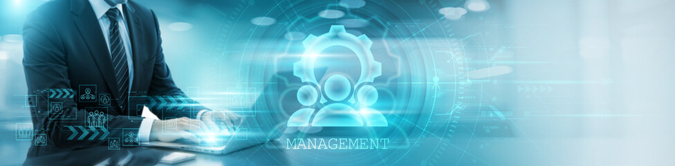 Management. Businessman using laptop and analysis in management growth, strategic planning, decision-making, with effective communication on global network.