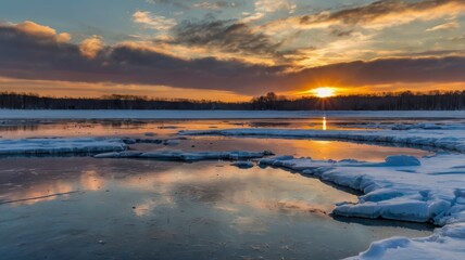 Fototapeta premium Frozen lake winter sunset scene 