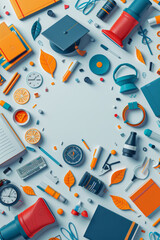 The image is a collage of various school supplies, including a book, a clock