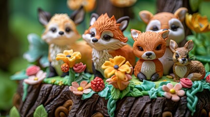 Fototapeta premium A group of adorable fox figurines on a cake, surrounded by flowers and greenery.