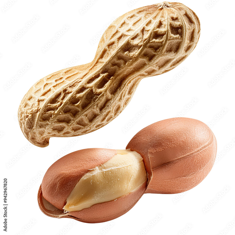Poster close-up of two peanuts one with shell and one shelled showing nut inside