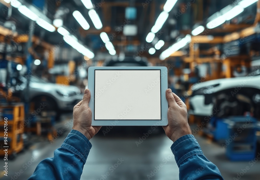 Poster a mechanic holding an ipad with a blank screen in front, the background showing the interior and eng
