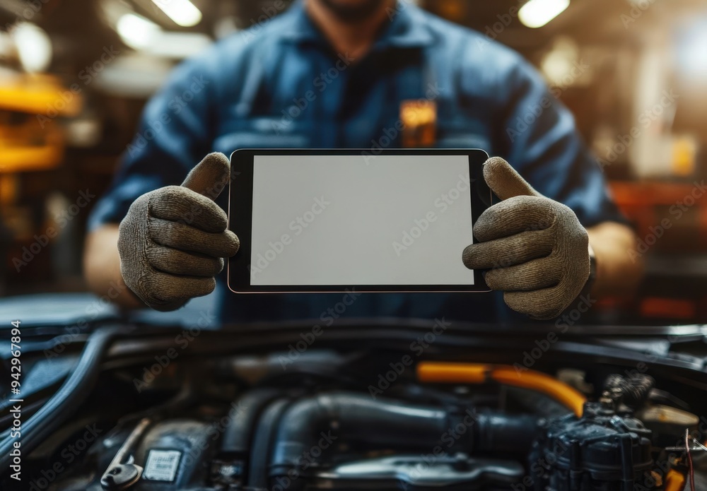 Poster photograph of an auto mechanic holding up a blank tablet screen in front of an open car hood, with a
