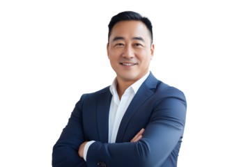 Successful Asian businessman with suit and arms crossed, isolated on transparent background.
