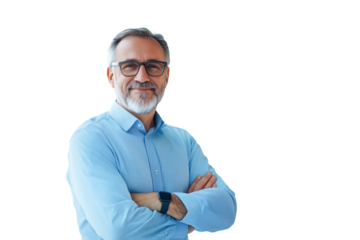 Businessman in his 50s, with eyeglasses. Isolated on transparent background.