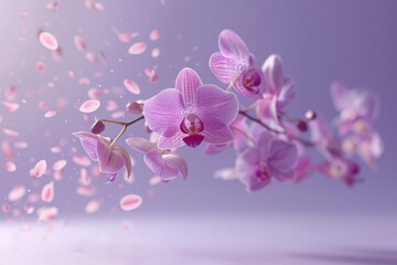 Fototapeta premium Levitating Orchids - Purple Background, Hyperrealistic Studio Photography, Minimalism and Negative Space 
