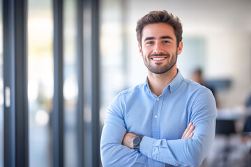Young Caucasian professional male executive in a modern office.