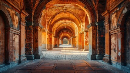 Obraz premium A long, arched hallway with stone pillars and a tiled floor, bathed in warm, golden light.