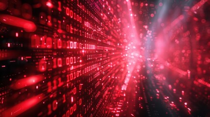 Naklejka premium Captivating Red Matrix Wall with Glowing Binary Numbers and Vibrant Lights