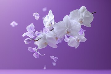 Obraz premium Levitating Orchids - Purple Background, Hyperrealistic Studio Photography, Minimalism and Negative Space 