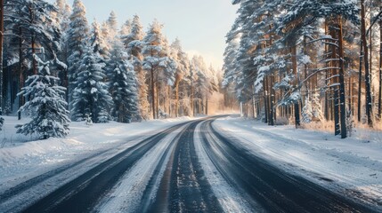 Obraz premium Scenic Winter Road Trip Through a Snowy Forest Amidst a Golden Sunrise Glow