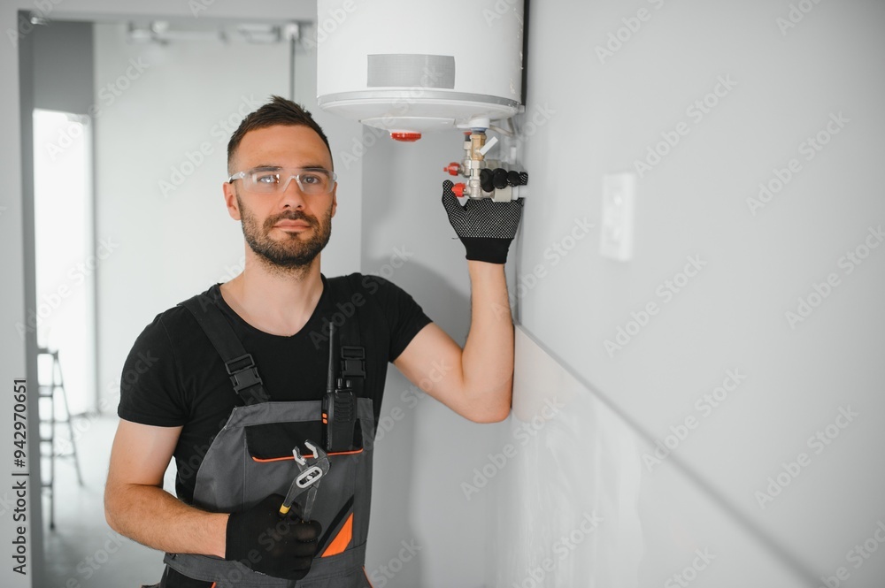 Poster professional plumber checking a boiler and pipes, boiler service concept