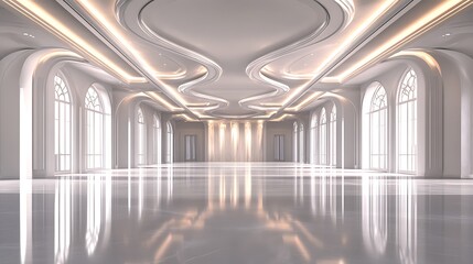 Fototapeta premium Opulent Empty Event Space with High Gloss Flooring, Sculpted Ceiling Details, and Sophisticated Architectural Design