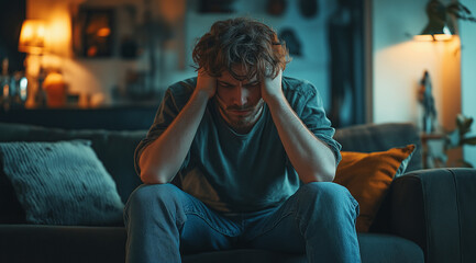 A man sitting on the couch with his head in hands, looking distressed and emotional, showing signs of anxiety or depression. The concept of emotional pain and suffering due to life events.