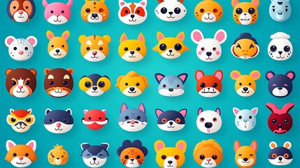 A colorful vector set of various emojis including faces, animals, and objects