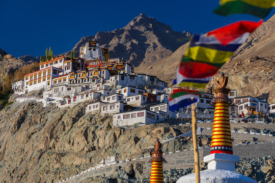 Early morning sun rays falling on Diskit Gompa in Nubra valley, Ladakh India on 18 July 2024.