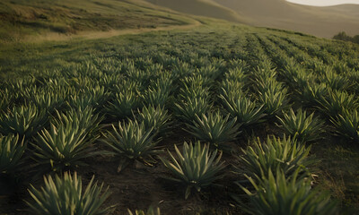 Obraz premium Rows of pineapple plants growing on a farm at sunset