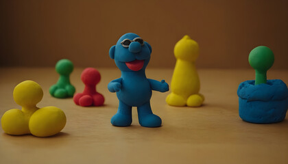 Blue clay animation character posing with colorful friends