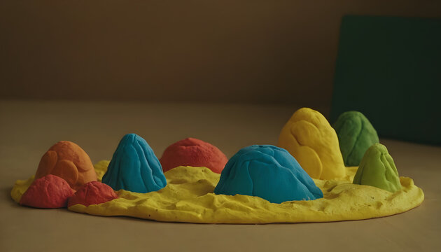 Colorful playdoh mountains are emerging from a yellow surface