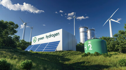 Green Hydrogen factory concept. Hydrogen production from renewable energy sources. green production plant for a sensible futuristic. modern clean technology concept.