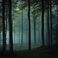 Obraz premium A foggy morning in a quiet forest with tall trees.