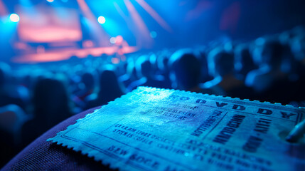 A concert ticket rests on a seat while a vibrant audience enjoys a live music performance. The atmosphere buzzes with excitement and colorful lights illuminate the stage