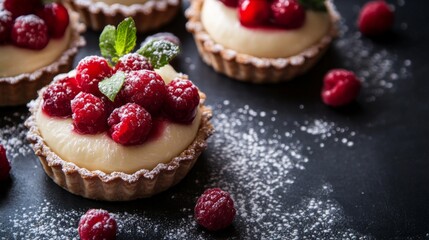 Close-up of three mini tarts with vanilla custard and fresh raspberries, garnished with mint leaves and powdered sugar on a black background.