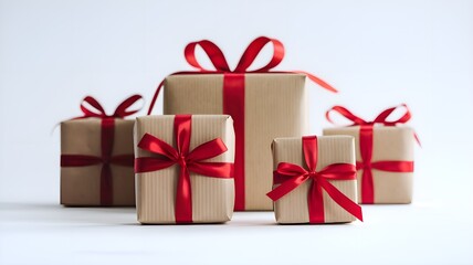 Fototapeta premium Eco-Friendly Christmas Gift Boxes with Red Ribbons on White Background 
