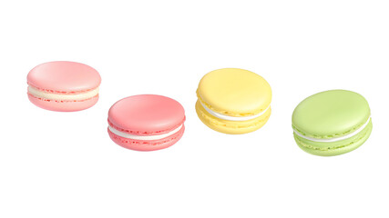 Obraz premium colorful macaroons, Various colorful macarons floating in the air isolated on a clean PNG background, vibrant sweet desserts in different flavors and textures, ideal for confectionery, pastry, and bak