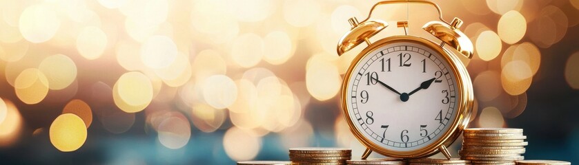 A vintage alarm clock placed on a stack of coins, symbolizing the relationship between time and money in a decorative setting.