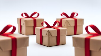 Obraz premium Eco-Friendly Christmas Gift Boxes with Red Ribbons on White Background 