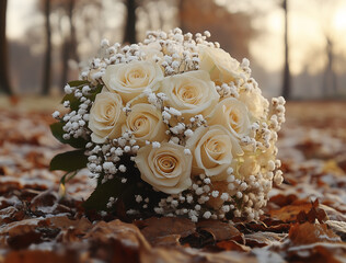 A bouquet of white roses and baby's breath, with fallen leaves during autumn.