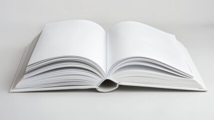 A book is open to a blank page. The book is white and has a plain cover