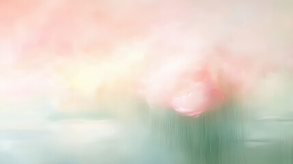 Fototapeta premium A painting of a pink flower with a green background. The painting has a soft, dreamy feel to it, with the pink flower appearing to be floating in the air