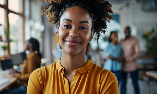 A confident young woman stands proudly with her arms crossed, orchestrating a vibrant brainstorming session in a bright, modern office filled with creativity and collaboration