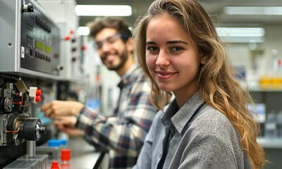 A group of passionate engineering students works diligently on intricate machinery, showcasing their skills and teamwork in a bustling lab environment