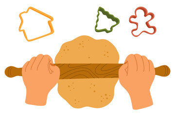 Kneading dough hands. Woman prepares homemade cookies. Cooking school. Flat vector illustration isolated on white background