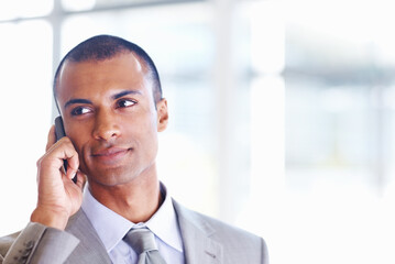 Business man, phone call and thinking in office, financial advisor and talking to client. Male...