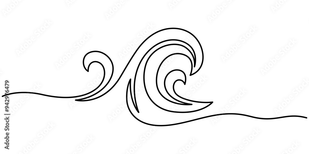 Poster ocean wave continuous single line drawing vector illustration. pro vector, one continuous line drawi