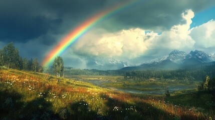 A brilliant rainbow appears in the sky, with remnants of a storm in the distance, bringing color and calm.