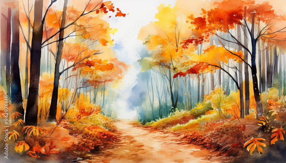 Wall mural Watercolor painting of autumn forest with dirt trail and fallen leaves. Beautiful natural landscape.