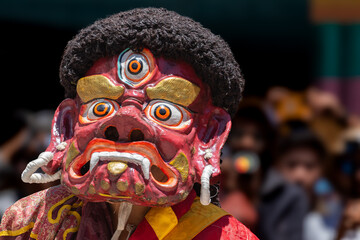 Close up of a colorful mask worn by Buddhist monks during Hemis Monastery festival at Leh, Ladakh...