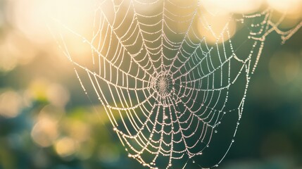Naklejka premium A close-up of a spiderweb, showcasing its intricate geometric patterns, glistening with dew, set against a blurred natural background.
