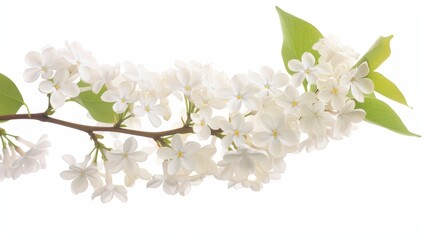 A white flower with green leaves is shown in the image. The flower is in full bloom and has a delicate appearance. Concept of beauty and tranquility
