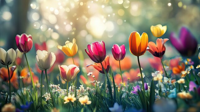 A field of vibrant blossoms swaying gently in the breeze, capturing the essence of spring
