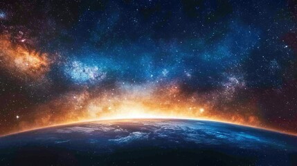 A mesmerizing view of planet Earth set against a starry sky, the deep blues of space contrasting with the bright continents below.