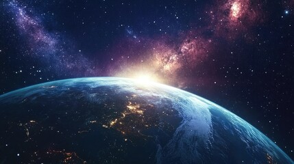 Obraz premium A mesmerizing view of planet Earth set against a starry sky, the deep blues of space contrasting with the bright continents below.