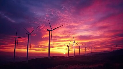 Obraz premium A peaceful scene of wind turbines at sunset, the sky glowing with vibrant colors, representing the harmony of nature and technology.