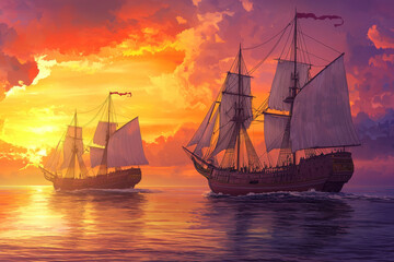 Fototapeta premium Two Tall Ships Sailing on Calm Waters at Sunset